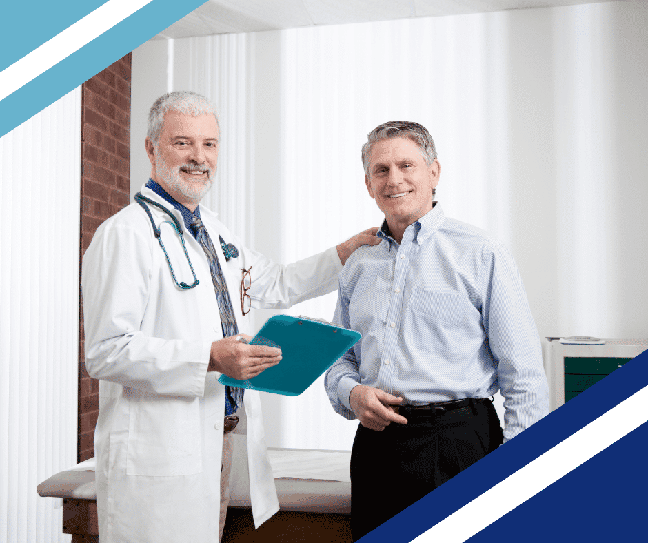 Male doctor and patient looking at camera Male doctor and patient looking at camera